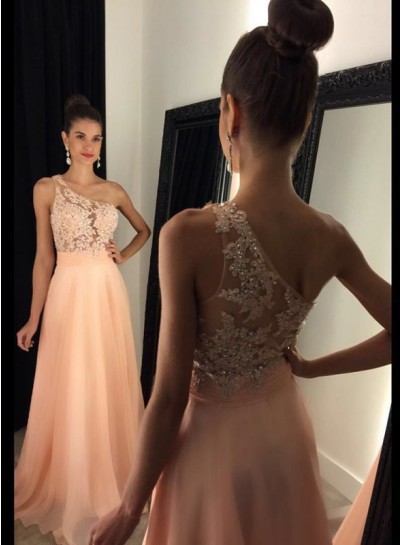2024 Chiffon Princess/A-Line Peach One Shoulder Prom Dresses