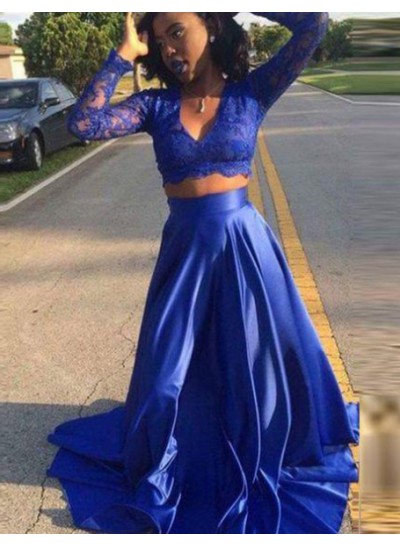 2024 Princess/A-Line Royal Blue Long Sleeves Two Pieces Prom Dresses
