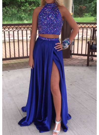High Neck Satin Side Slit Two Pieces Prom Dresses