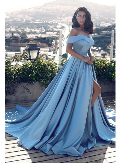 2024 Elegant Princess/A-Line Blue Sweetheart Satin Side Slit Off The Shoulder Prom Dresses