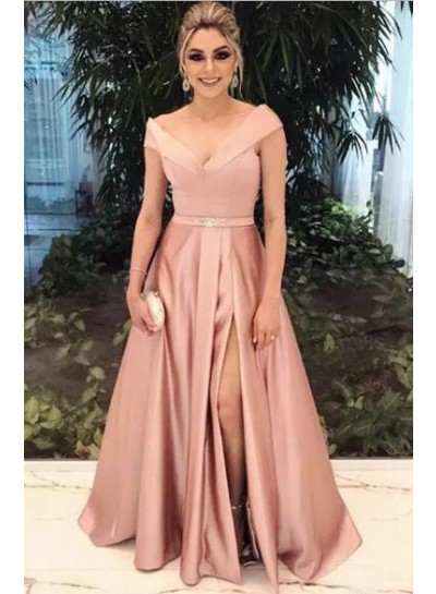 2024 Princess/A-Line Pink Satin Side Slit Off The Shoulder Prom Dresses