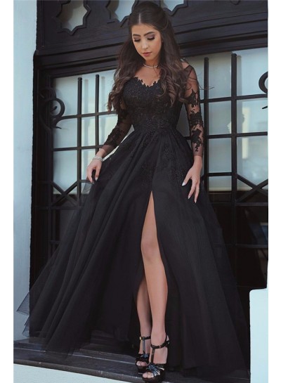 2024 Princess/A-Line Black Long Sleeves Tulle Prom Dresses