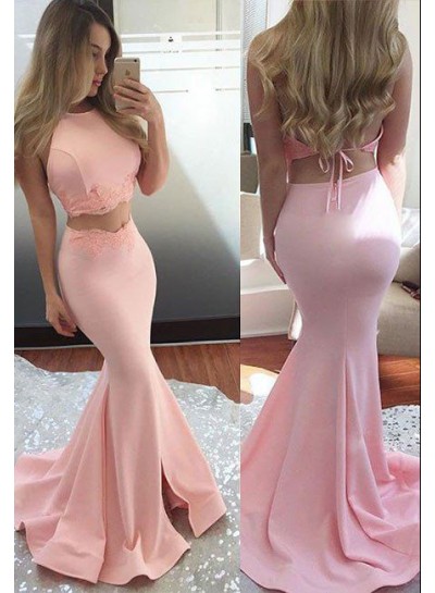 2024 Charming Mermaid/Trumpet Two Pieces Satin Pink Prom Dresses