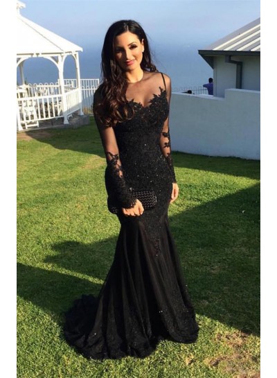 2024 Siren Black Mermaid/Trumpet Tulle Long Sleeves Prom Dresses With Appliques