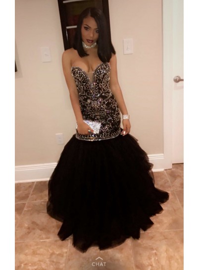 2024 Sexy Black Mermaid Sweetheart Beaded Ruffles Prom Dresses