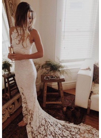 Sheath/Column 2024 Lace Backless Wedding Dresses