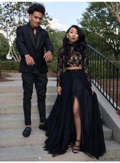 Black Long Sleeves Side Slit Two Pieces Beaded Lace Prom Dresses 2024