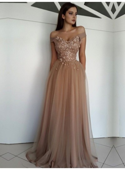 2024 A-Line/Princess Tulle Sweetheart Off The Shoulder Champagne Prom Dresses