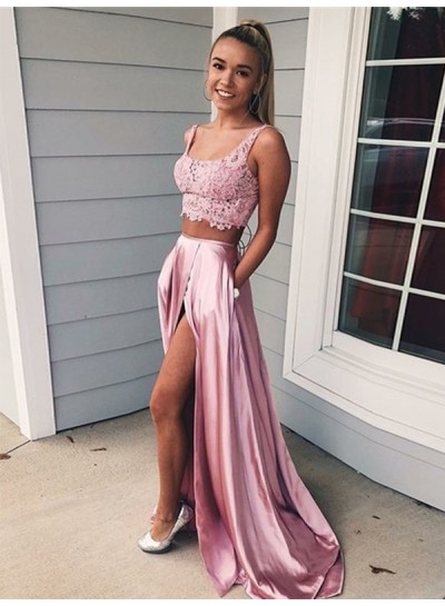 2024 Illusion Dusty Rose Two Piece Lace Satin A-line Prom Dresses
