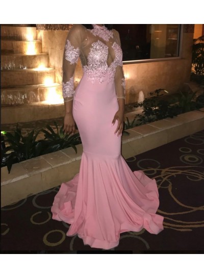 2024 Pink Long Sleeve Appliques Mermaid Satin Prom Dresses