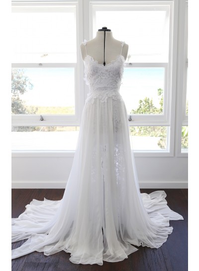 A Line Sweetheart Spaghetti Straps Side Slit Chiffon Lace Beach Wedding Dresses 2024