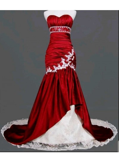 2024 Red Mermaid Sleeveless Chapel Train Wedding Dresses