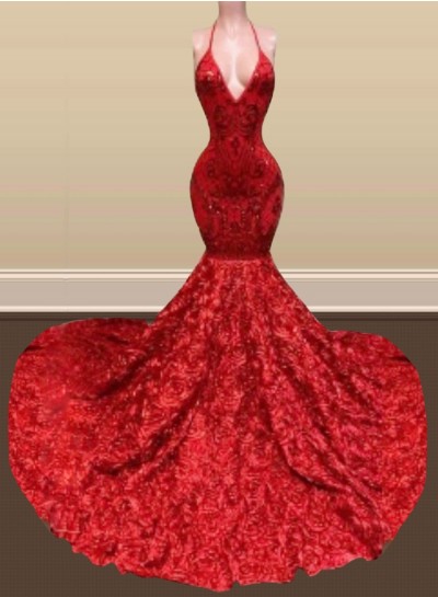 Halter Beaded Mermaid Red Prom Dresses