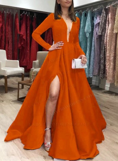 Orange A Line Long Sleeves Satin Long Prom Dresses 2024
