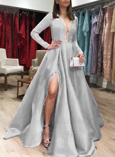 Silver A Line Long Sleeves Satin Long Prom Dresses 2024