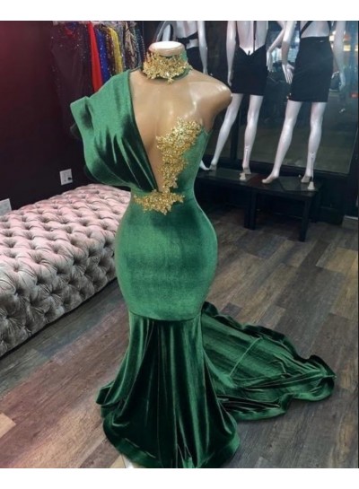 2024 Emerald Mermaid High Neck Prom Dresses