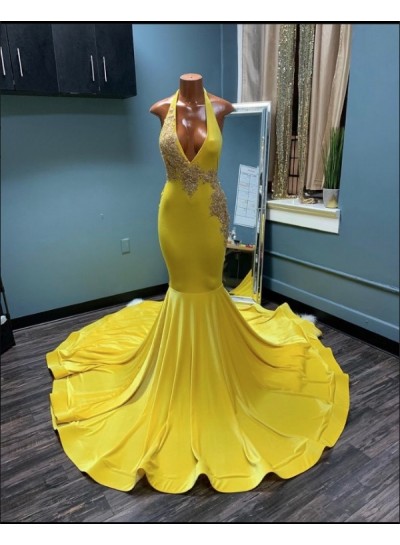Yellow Halter Mermaid Long Prom Dresses