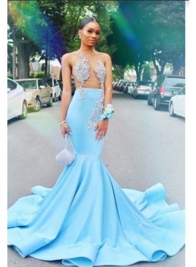 2024 Blue Mermaid Beaded Satin Prom Dresses