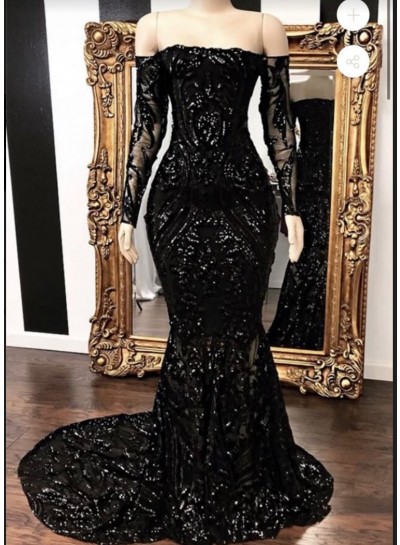 Black Long Sleeves Mermaid Prom Dresses 2024