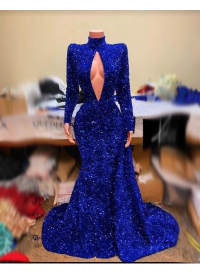 Mermaid Royal Blue Long Sleeves High Neck Long Sequined Prom Dresses