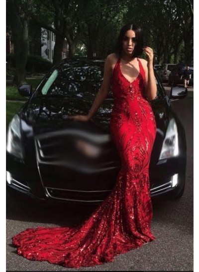 V-neck Sheath Red Lace Sequins Long Prom Dresses