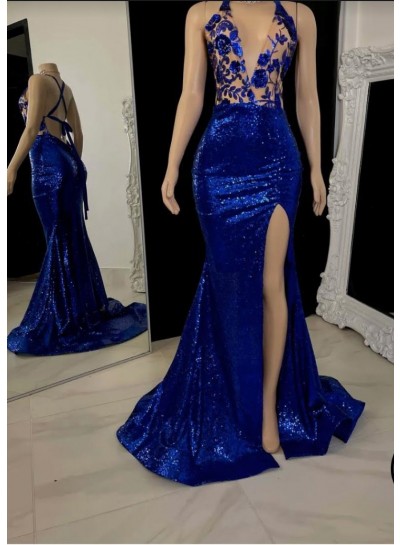 2024 Halter Sheath Royal Blue Side Slit Sequence Prom Dresses