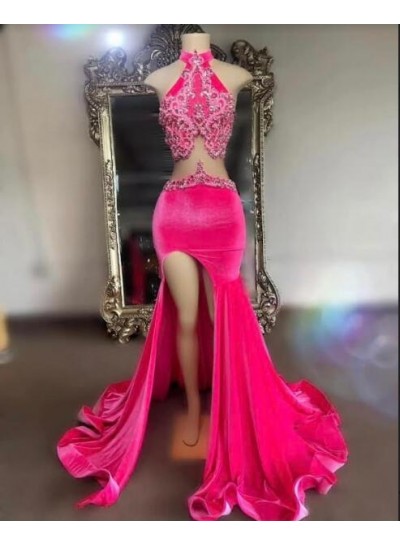 Pink Mermaid High Neck Side Slit Prom Dresses