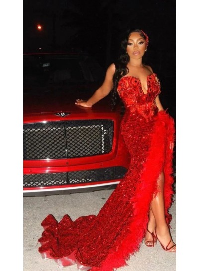 2024 Red Mermaid Sweetheart African American Prom Dresses