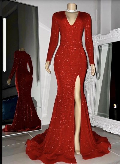 2024 Red Long Sleeves Lace V Neck Shearth Prom Dresses