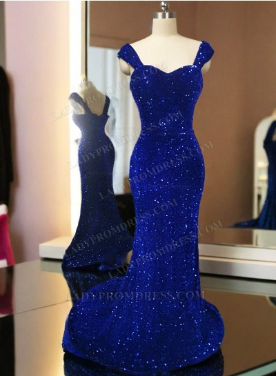 2024 Mermaid Royal Blue Off The Shoulder Long Sequence Prom Dresses