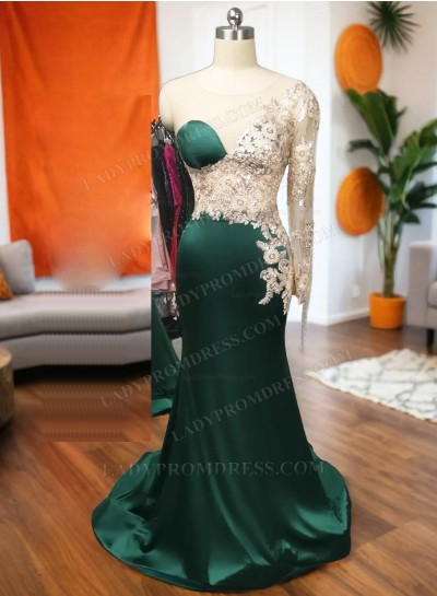 One Shoulder Sheath Beaded Satin Emerald Green Long Prom Dresses