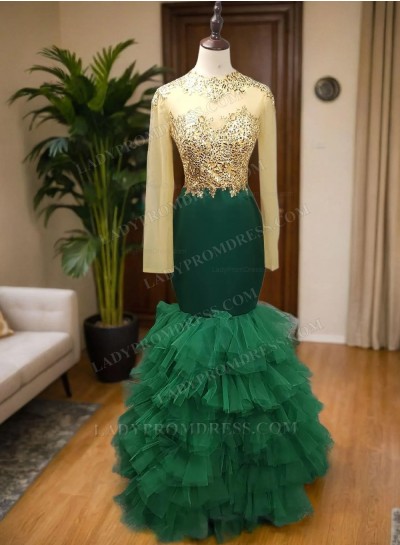 2024 New Arrival Mermaid Hunter Layered Long Sleeves Lace Prom Dresses
