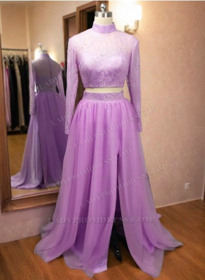 Lilac Long Sleeves Side Slit Two Pieces Beaded Lace Prom Dresses 2024