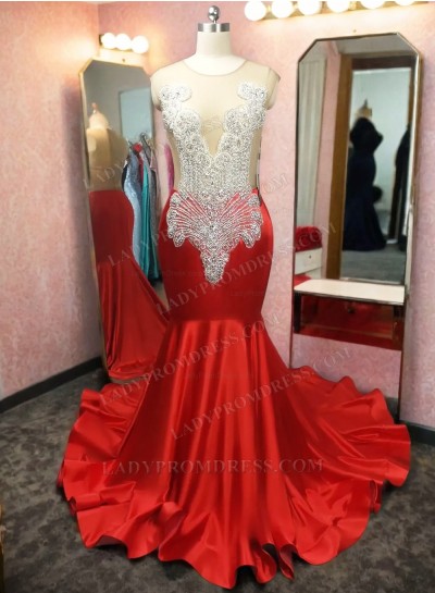 2024 Red V-neck Mermaid Prom Dresses with Beaded