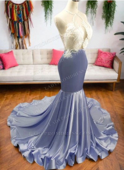 2024 Mermaid Lavender Halter Beaded Long Prom Dress