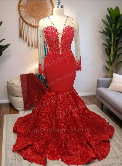 2024 V Neck Long Sleeve Red Mermaid Prom Dresses