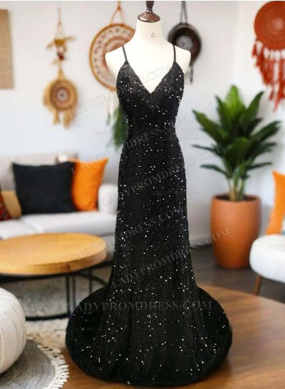 Sheath/Column Sequins V-neck Backless Floor-Length Prom Dresses
