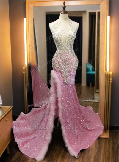 2024 Pink Long Side Slit Sequence Beaded Prom Dresses
