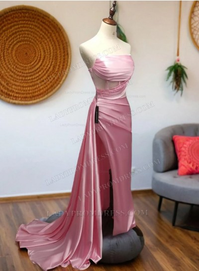 2024 Pink Sheath Strapless Side Slit Silk Like Satin Long Prom Dresses