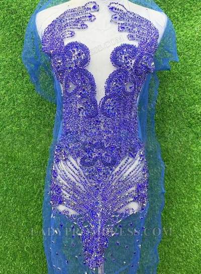 Royal Blue Women's Bodice Appliqué with Hand-Sewn Beads – Sheer Mesh with V-neck Neckline