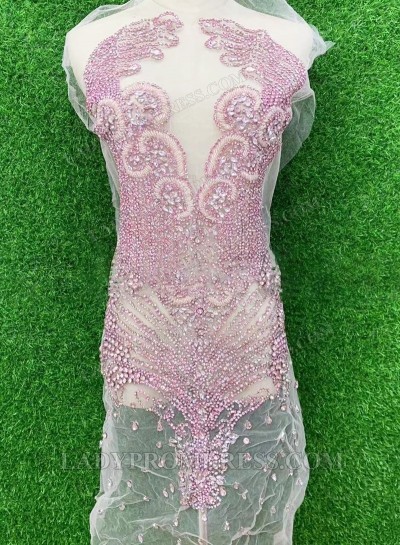 Pink Women's Bodice Appliqué with Hand-Sewn Beads – Sheer Mesh with V-neck Neckline