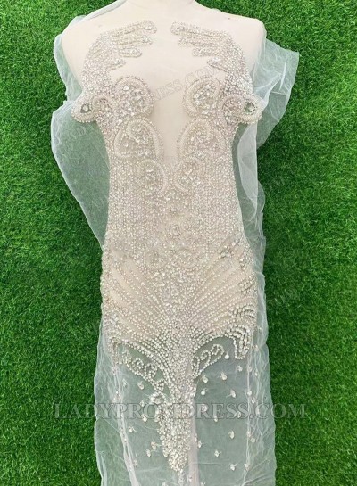 Silver Women's Bodice Appliqué with Hand-Sewn Beads – Sheer Mesh with V-neck Neckline