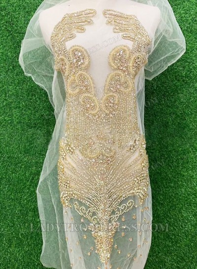 Gold Women's Bodice Appliqué with Hand-Sewn Beads – Sheer Mesh with V-neck Neckline