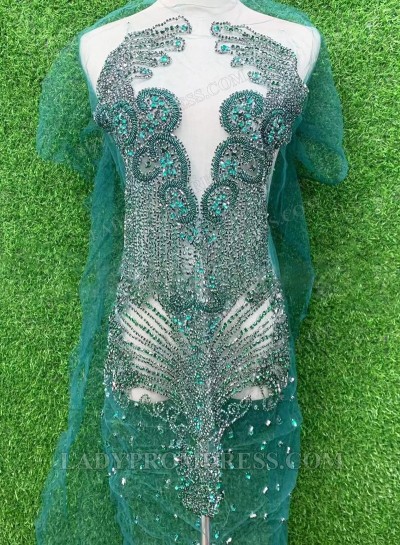 Emerald Women's Bodice Appliqué with Hand-Sewn Beads – Sheer Mesh with V-neck Neckline