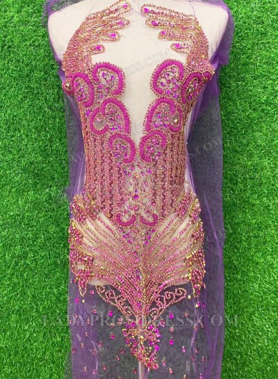 Fuchsia Women's Bodice Appliqué with Hand-Sewn Beads – Sheer Mesh with V-neck Neckline
