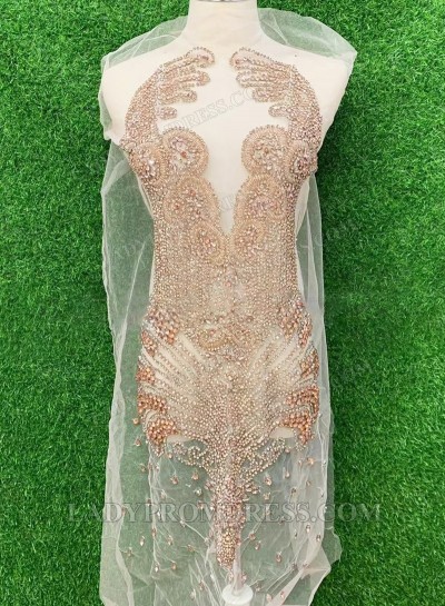 Champagne Women's Bodice Appliqué with Hand-Sewn Beads – Sheer Mesh with V-neck Neckline