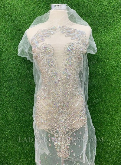 Colorful Women's Bodice Appliqué with Hand-Sewn Beads – Sheer Mesh with V-neck Neckline