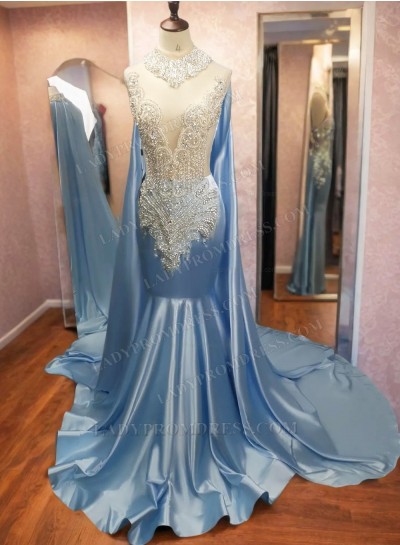 Long 2024 Light Sky Blue Beaded Mermaid Prom Dresses With Shawl 