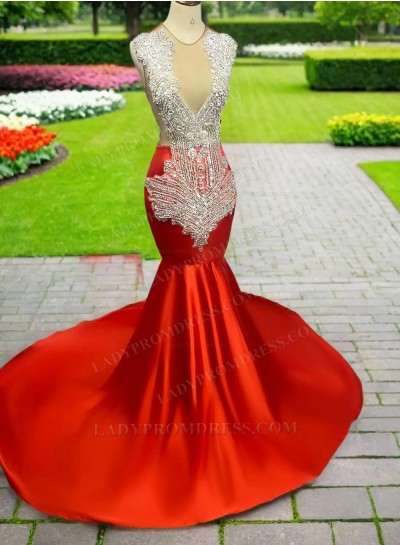 2024 Red V-neck Mermaid Long Prom Dresses With Beaded