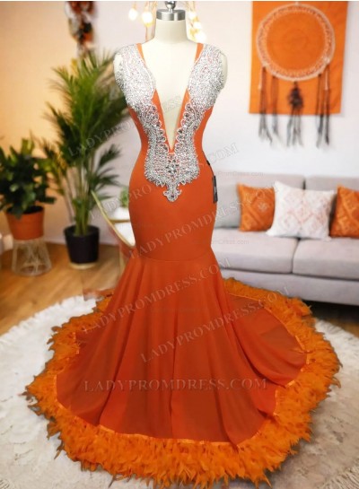 Sleeveless Orange Deep V-neck Mermaid Prom Dresses 2024